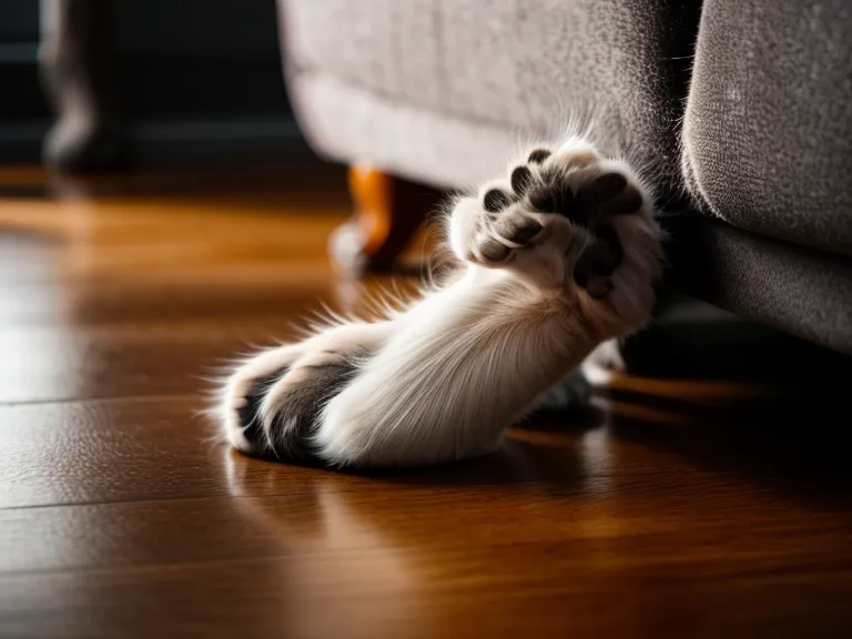Pfote der ängstlichen Tierschutzkatze schaut vorsichtig unter dem Sofa hervor als Zeichen von langsam wachsendem Vertrauen