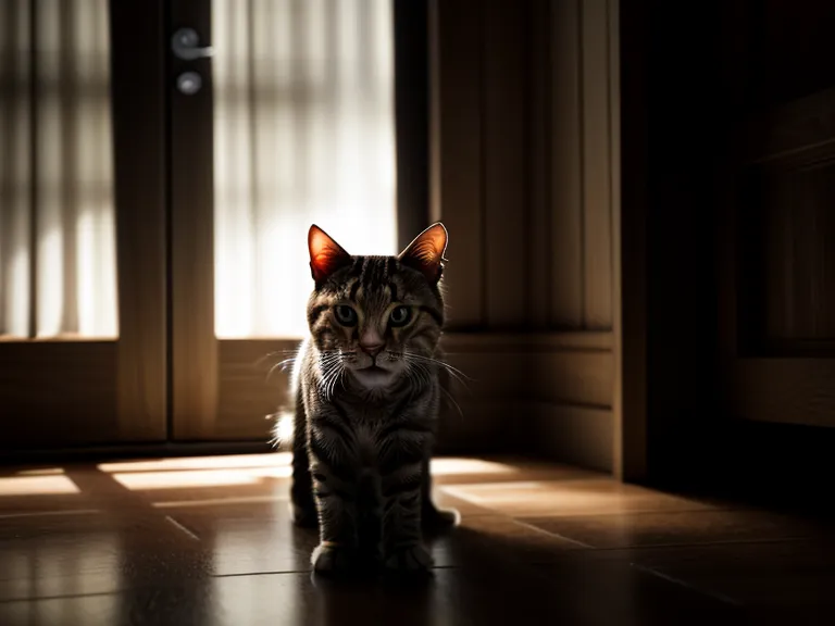 Blick unter das Sofa, wo sich die scheue Tierschutzkatze im Schatten verbirgt