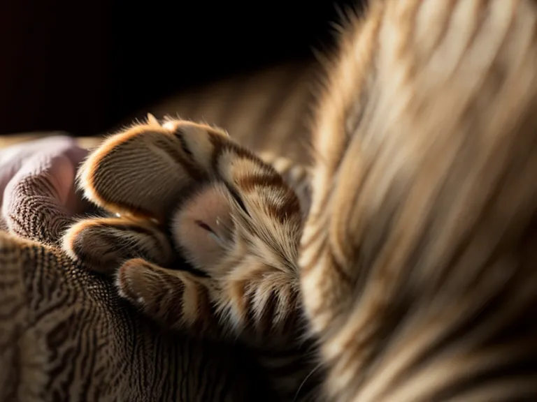 Pfote der rumänischen Rescue-Katze streckt sich vorsichtig unter dem Sofa hervor als kleines Zeichen von Vertrauen.