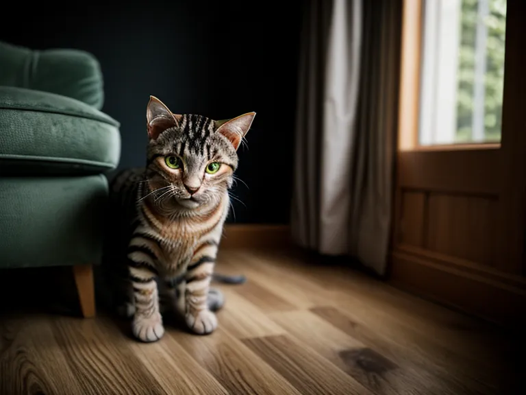 Scheue Rettungskatze versteckt sich unter dem Sofa in einer dunklen Zimmerecke