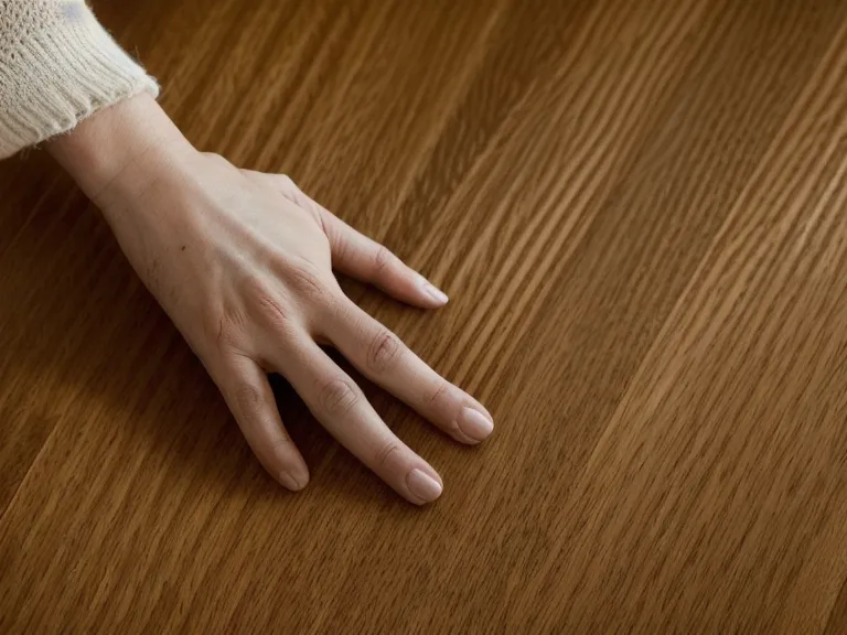 Hand auf dem Dielenparkett vor dem Sofa während einer Tierkommunikation Basis Kurs Übung mit der Tierschutzkatze